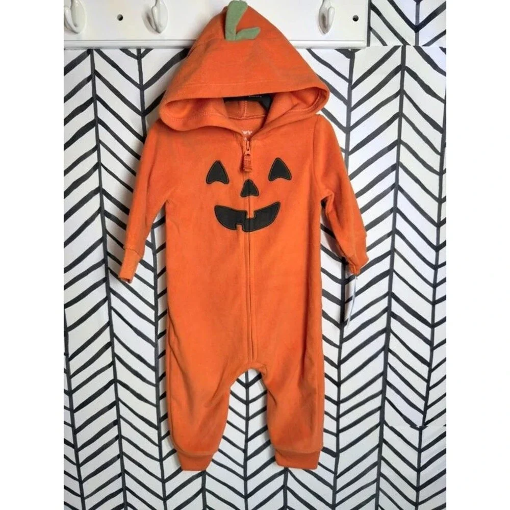 Carter’s Orange Black Hooded Micro fleece Zip Pumpkin Outfit Unisex Baby 6M 7119
